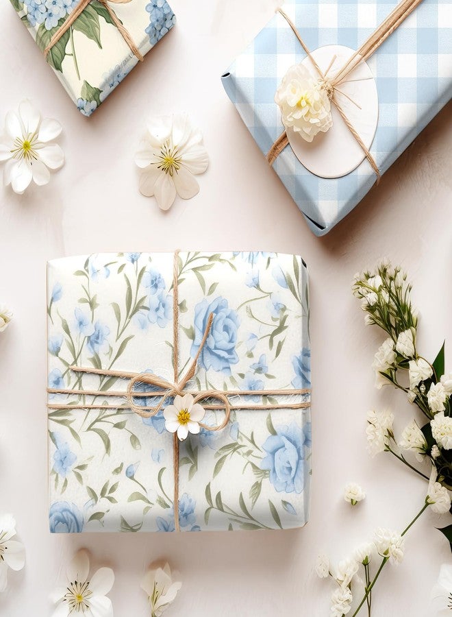 Whaline 8 Sheets Blue Bow Floral Wrapping Paper - Not Roll - Watercolor Plaid Hydrangea Gift Wrap Paper Folded Flat for Birthday Wedding DIY Crafts, 19.7 x 27.6 Inch - Image 5